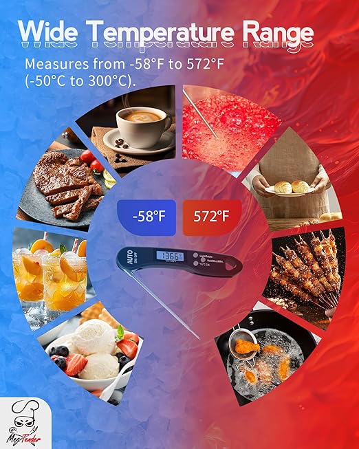 5 PCs Instant Read Meat Thermometer, 1.2s Fast Read, ±1°F Accuracy, -58°F to 572°F, 4.4" Foldable Probe, 0 °C Calibration, Min/Max (Session), Auto-Rotating Backlit Display, °F/°C, Magnetic Back