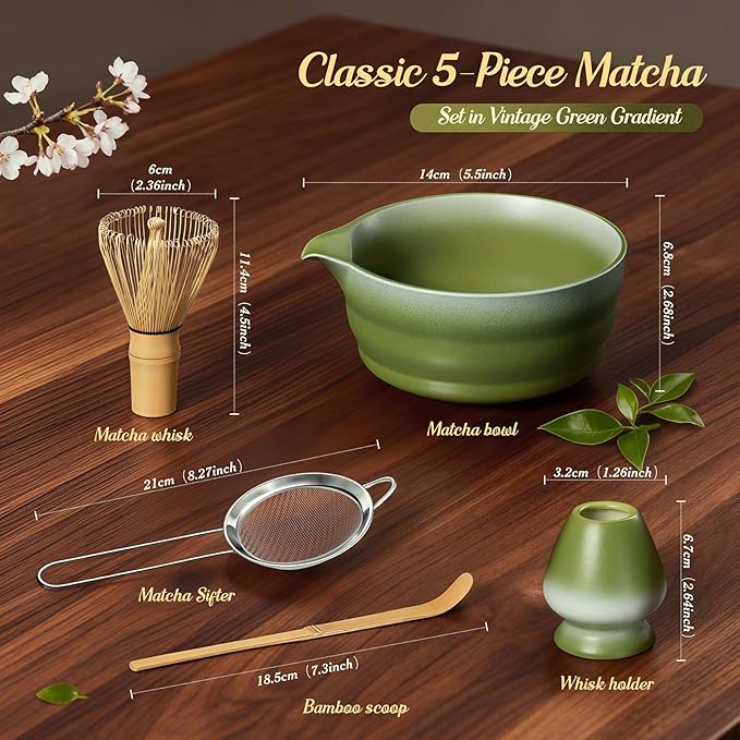 5 Pcs Gradient Green Matcha Set - Ceramic Bowl, Bamboo Chasen, Holder, Scoop & Sifter for Tea Ceremony Enthusiasts, Matcha Whisk Set for Tea Lovers