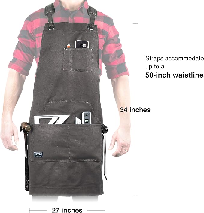 Hudson Durable Goods Deluxe Edition Waxed Canvas Tool Apron for Men and Women, Heavy Duty Work Apron with Pockets for Tools, Adjustable Crossback Straps - Grey - Image 7