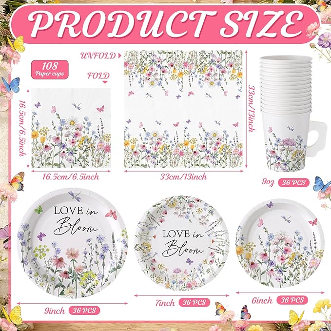 Pickmesh 252 Pcs Love in Bloom Tea Party Supplies for 36 Guests Wildflower Paper Disposable Dinnerware Flower Teacup with Handle and Saucers Set for Tea Party Decorations Birthday Baby Shower Wedding