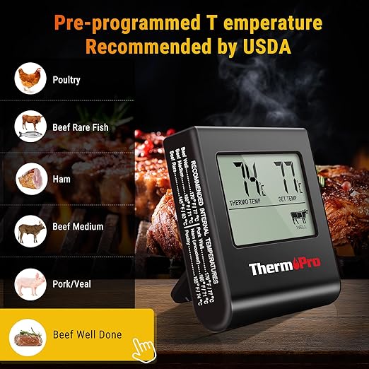 TempPro TP16H Large LCD Digital Meat Thermometer for Cooking, Smoking, Grilling, BBQ Food Thermometer with Clock Timer and Stainless Steel Probe, Black (Previously ThermoPro)