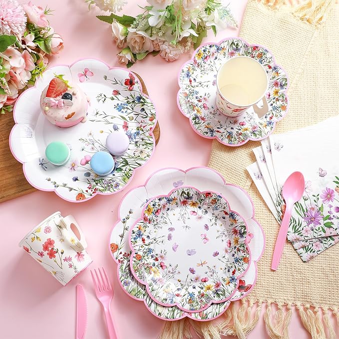 Pickmesh 252 Pcs Floral Tea Party Supplies for 36 Guests Wildflower Paper Disposable Dinnerware Floral Teacups with Handle and Saucers Sets for Tea Party Decorations Birthday Baby Shower Wedding
