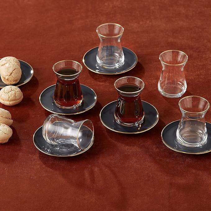 KARACA Turkish Tea Glasses Set for 6, 12-Piece Retro Anthracite Tea Set with Gold Trim, Traditional Turkish Tea Cups, Clear Glass Serving Set for Home & Entertaining