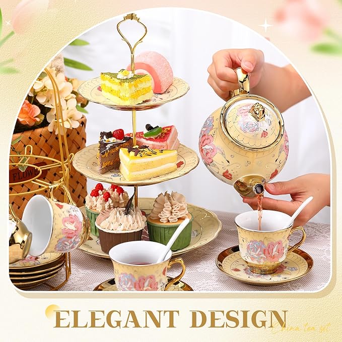 21 Pcs Ceramic Teapot Set Vintage Porcelain Tea Cups with Metal Holder and High Tier Cupcake Stand Saucers for Women Girls Farmhouse European Weddings Party Decor Gifts(Yellow,Fall)