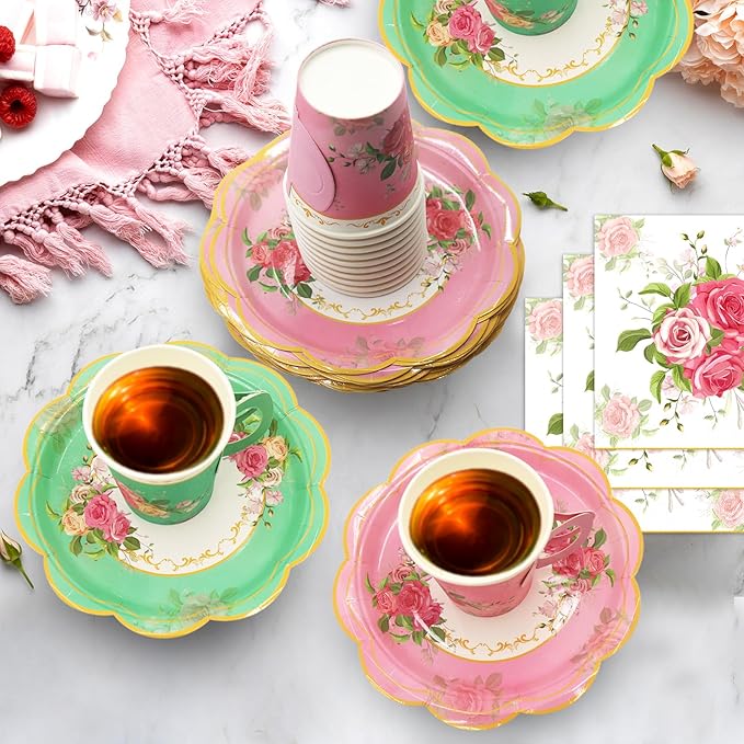 200Pcs Floral Tea Cups and Saucers for Tea Party Supplies, Disposable Tea Cups with Handle and Paper Napkins Dinnerware for Floral Theme Birthday Wedding Bridal Shower Baby Shower（Pink Green）
