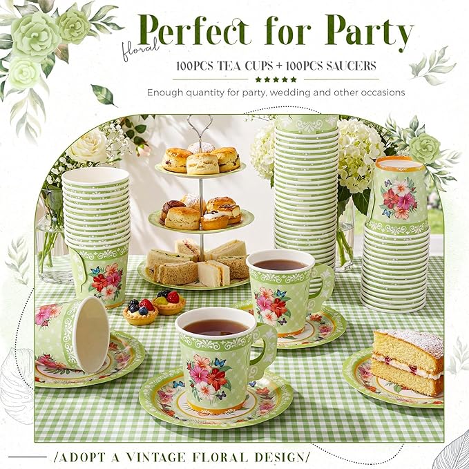 Nuogo 200 Pcs Floral Paper Tea Cups and Saucers 7 oz Disposable Tea Party Decorations Vintage Cute Paper Cups and Plates with Handles for Girls Wedding Baby Bridal Shower, Serve 100 (Green)