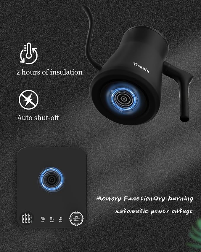 Gooseneck Electric Kettle for Pour Over Coffee, ±1°F Temperature Control, Smart Heating, 304 Stainless Steel, Fast Boil & 2-Hour Keep Warm, 0.9L,Black