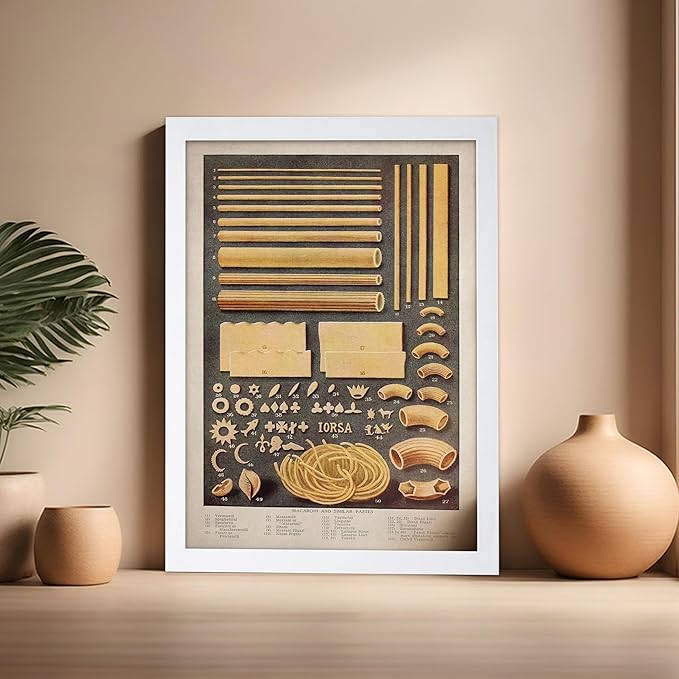 Poster Master Vintage Food & Drink Poster - Retro Pasta Print - Varieties of Pasta Art - Gift for Him, Her, Chef, Cook - Great Decor for Restaurant, Kitchen, Dining Room, 16x20 White Framed