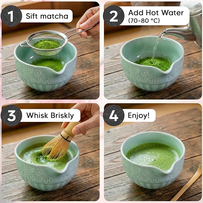 Matcha Whisk Set, Ceramic Matcha Set with Bowl, Bamboo Whisk, Scoop, Strainer, Scoop Rest, Holder, Cloth + Instruction Handbook – Traditional Japanese Tea Ceremony Kit