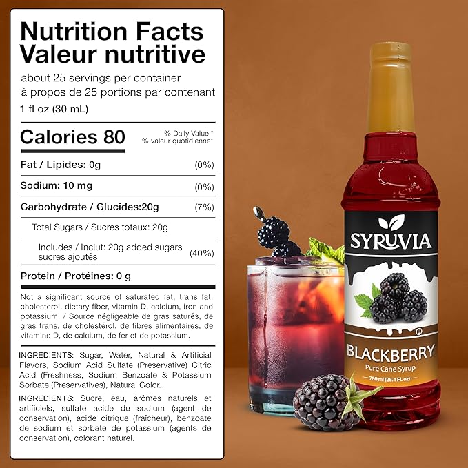 Syruvia Blackberry Syrup, Flavored Syrup for Drinks, Cocktails, Lemonades, Iced Teas, and Desserts – 25.4 fl oz, With Pump