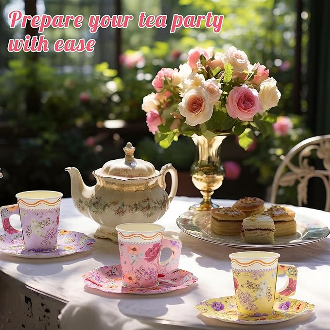 24 Sets Floral Paper Tea Cups and Saucers 8.5 oz Vintage Floral Afternoon Disposable Cups with Handles and Plates Tea Party Decorations for Wedding Garden Mother's Day Hot Cold Drink Birthday