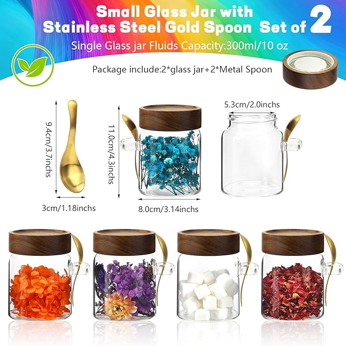 10oz Glass Storage Jar with Lids Spoons Glass Coffee Canister Borosilicate Glass Food Container for Coffee Beans Nut Pasta Sugar Candy Spice Rice Loose Tea (300ml/10oz-2 Pack)