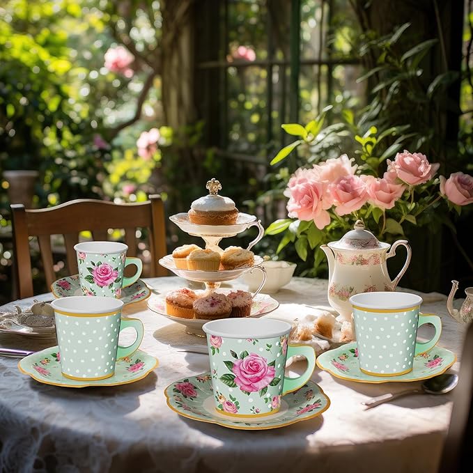 Umigy 36 Sets Tea Party Decorations 6.5 oz Floral Paper Tea Cups with Plates Paper Napkins Disposable Blossom Teacups and Saucers Sets for Girls Birthday Party Supplies(Green)