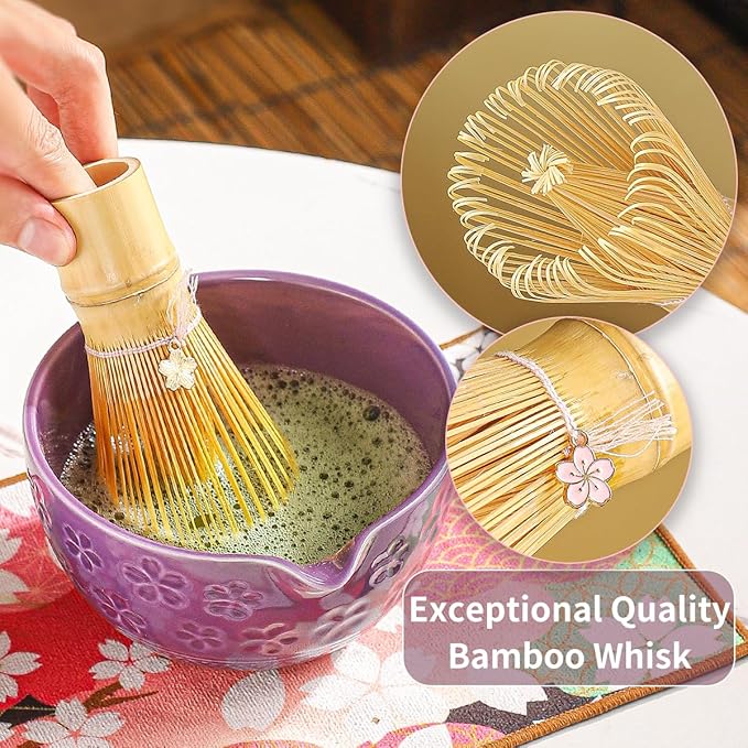8-Piece Matcha Ceremony Set - Tea Kit with Cherry Blossom Bowl, Bamboo Whisk, Wood Scoops, Tea Cloth & Floral Display - Gift-Ready Pink Cherry color box (Purple;)
