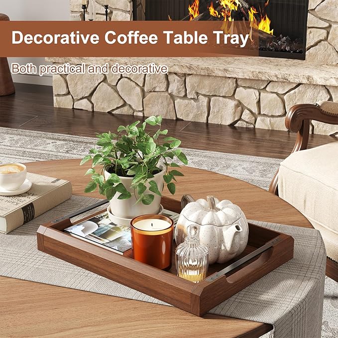 Set of 2 Acacia Wooden Ottoman Tray for Living Room, Wood Serving Tray with Handles, Decorative Coffee Table Trays for Ottoman, Large Serving Platter for Dinner, Breakfast in Bed, Kitchen Counter Top