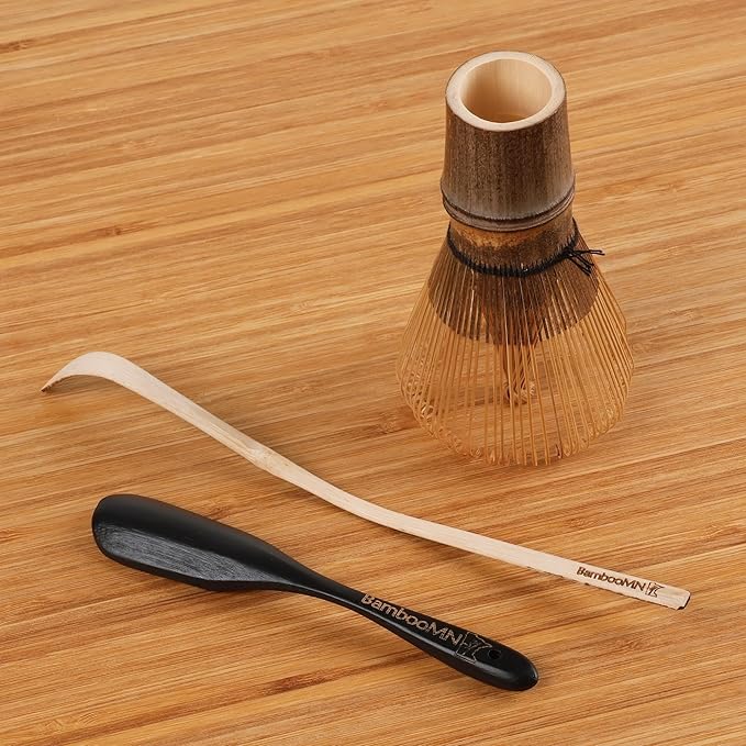 BambooMN Matcha Whisk Set - Chasen (Tea Whisk), Chashaku (Hooked Bamboo Scoop), Deep Scoop - Black - 2 Sets