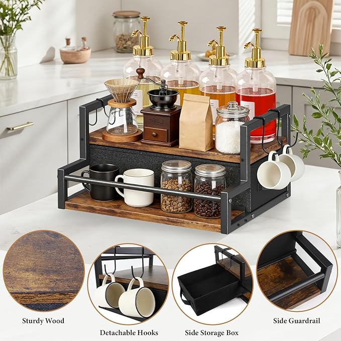 2-Tier Coffee Syrup Organizer Rack, Holds 12 Bottles Syrup Rack with Coffee Capsules Storage Drawer, Kitchen Countertop Organizer for Coffee Bar Station, Home, Wine Rack