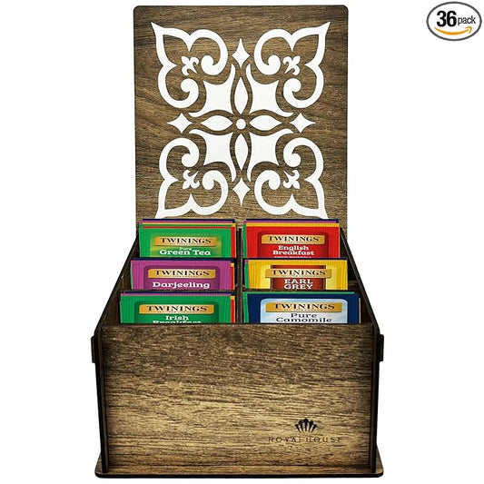 Twinings Tea Bag Sampler Variety with Walnut Wooden Organizer Tea Chest (36 Tea Bags) 6 Different Popular Flavors, Gift for Tea Lovers: Women, Men, Mom, Dad, Family, Friends, Couples
