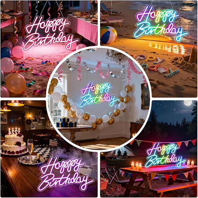 Happy Birthday Sign for Wall Decor, RGB Led Happy Birthday Decorations For Party And Remote Control, USB Powered Dimmable Neon Light.Corlorful Happy Birthday Light Up Sign.