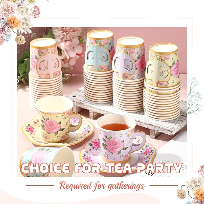 Umigy 60 Sets Tea Party Decorations 6.5 oz Floral Paper Tea Cups with Handle and Plates Disposable Blossom Teacups and Saucers Sets for Girls Kids Birthday Garden Wedding Party Supplies(Mixed Color)
