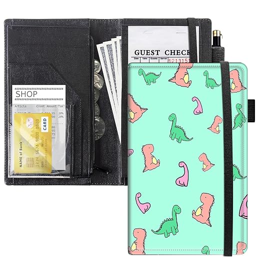 Server Books for Waitress, 5x9 Inch Waitstaff Server Order Pads, 11 Large Pockets, Cute PU Leather Waitress Book Server Wallet with Elastic Band Fit Server Apron,Cute Dinosaur by Unknown