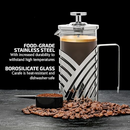 OVENTE French Press Coffee Maker 12 Ounce with Heat Resistant Borosilicate Glass, Stainless Steel Design and 4-Level Filter System, Portable Cold Brewer Pot for Travel, Camping or Gift, Silver FSD12P