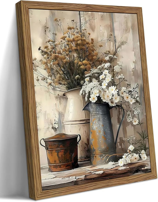 YHCTHT Framed Farmhouse Rustic Daisy Canvas Wall Art – Vintage Country Floral Wall Decor, White Jasmine and Rust Watering Can Prints for Living Room Bedroom Bathroom Decoration – 16x24in