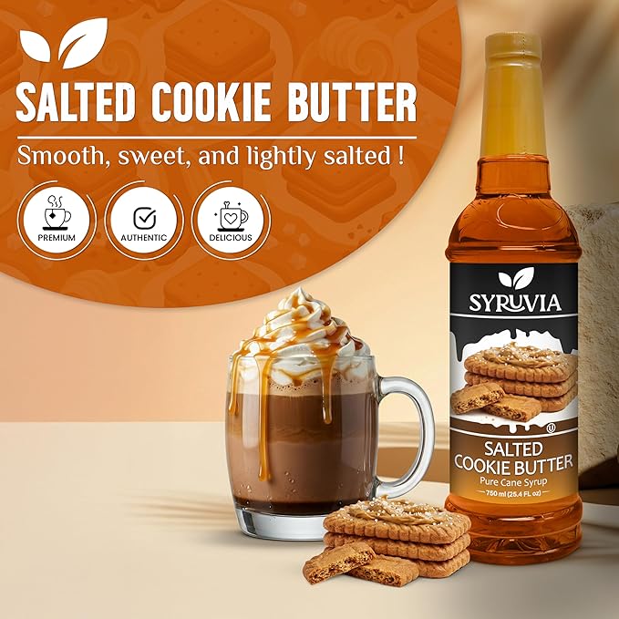 Syruvia Coffee Syrup, Salted Cookie Butter Flavored Syrup for Drinks, Lattes and Desserts – 25.4 fl oz, With Pump