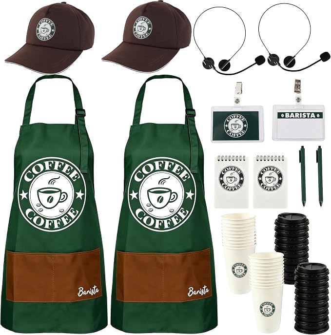 36 Pcs Halloween Barista Costume Set Coffee Maker Costume Outfit Include Green Aprons Cap Notebook Headset Name Tag Cards Cups and Pen for Adults Unisex Cosplay by Unknown