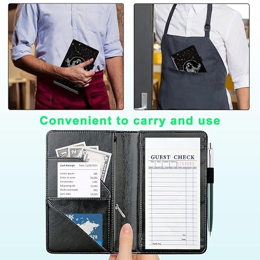 Server Books for Waitress, with 7 Large Pockets, Waiter Serving Book, Waitstaff Server Order Pads, Cute PU Leather Server Book with Pen Holder Fit Server Apron,Astronaut in Space - Image 4