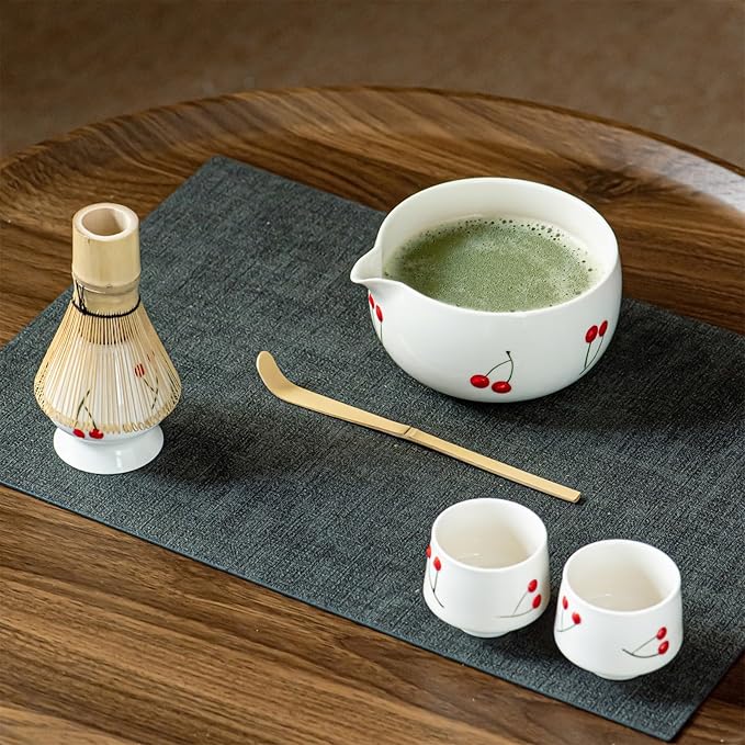 Red Cherries Matcha Whisk Set with Matcha Bowl, Bamboo Whisk, Scoop, and Ceramic Holder, Hand-Painted Cute Matcha Set for Matcha Lovers & Tea Ceremony