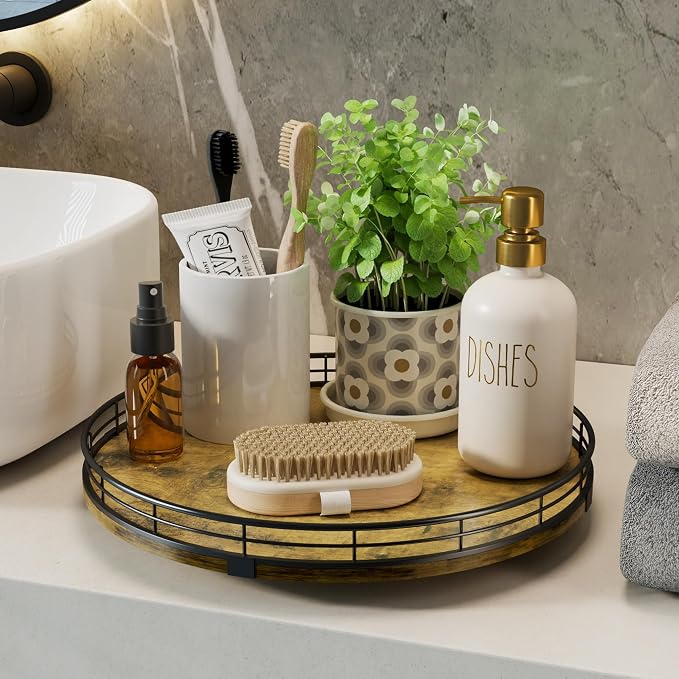 Lazy Susan Turntable Organizer for Table Top, 12’’ Round Wooden Lazy Susan for Cabinet Kitchen Countertop Pantry Dining Coffee Table for Condiments Spices, Rustic Bathroom Vanity Tray for Soap Candle - Image 5