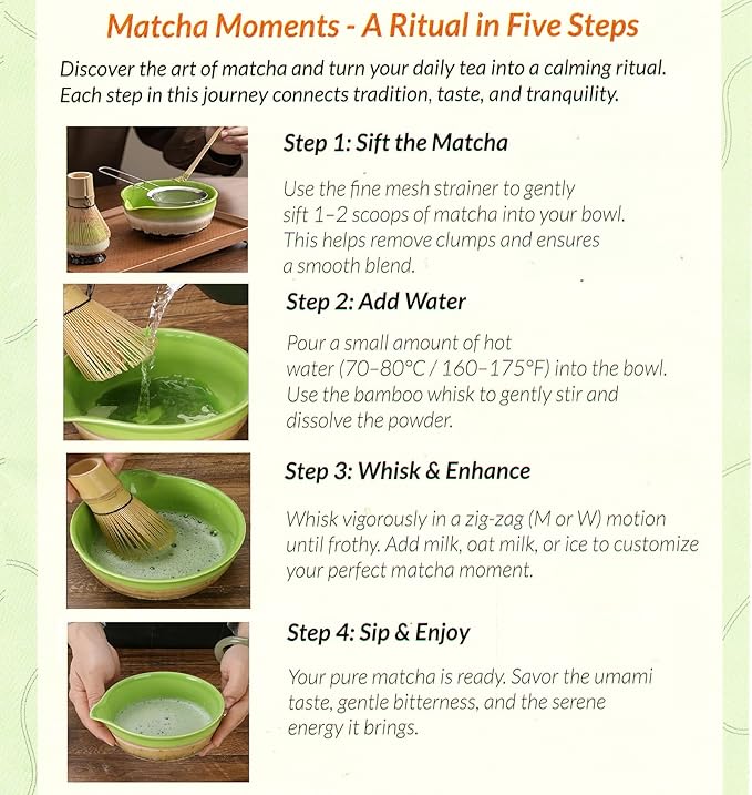 Matcha Whisk Set,8 Pcs Matcha Kit Includes Matcha Bowl with Spout,Matcha Whisk Holder,Bamboo with Ceramic Holder,Bamboo Scoop and Rest,Sifter,Tea Towel for Ceremony Matcha Lovers Gift (Green)