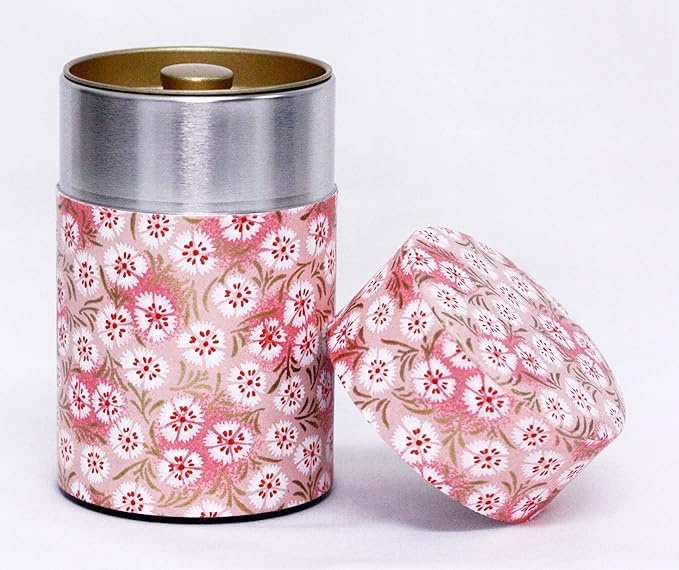 Washi Paper Tea Tin Canister: Long 3.5oz (100g) Pink Dianthus (#39), Japan