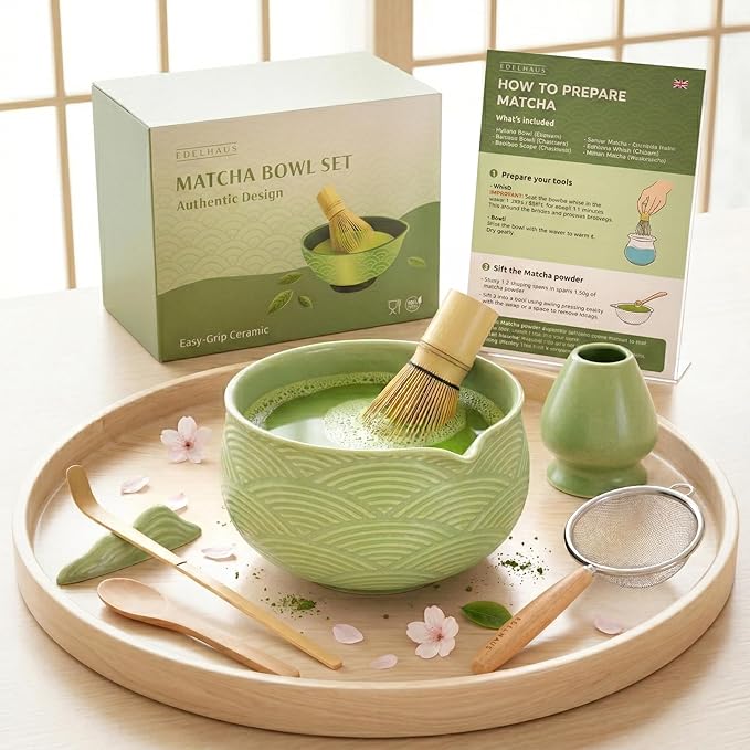 Matcha Kit Whisk Set (7 Pcs) - Complete Matcha Set, Matcha Bowl with Spout, Whisk with Holder, Bamboo Scoop with Rest and Sifter, Perfect Kit for Matcha Lovers (Green Mist)