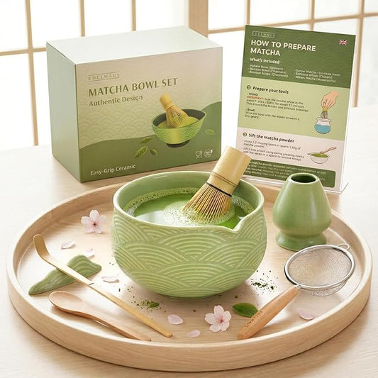 Matcha Kit Whisk Set (7 Pcs) - Complete Matcha Set, Matcha Bowl with Spout, Whisk with Holder, Bamboo Scoop with Rest and Sifter, Perfect Kit for Matcha Lovers (Green Mist)