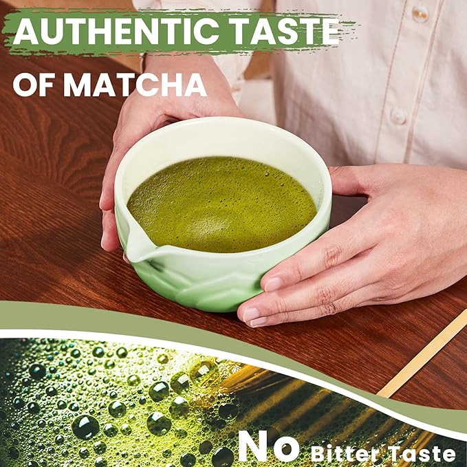 Matcha Whisk Set, Lotus Gradient Green Ceramic Matcha Set Includes Matcha Bowl, Matcha Whisk (Chasen) and Holder, Sifter, Bamboo Scoop & Spoon - 6 Pcs Matcha Kit for Matcha Lovers