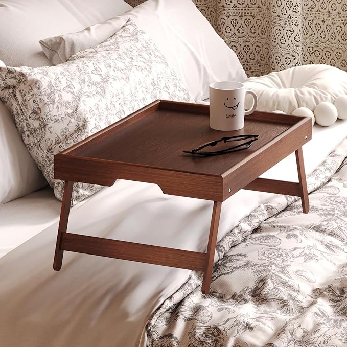 4 Pack Bamboo Bed Tray Table with Folding Legs,Breakfast Trays,Serving Tray for Food and Snack,Laptop Trays for Working(Brown)