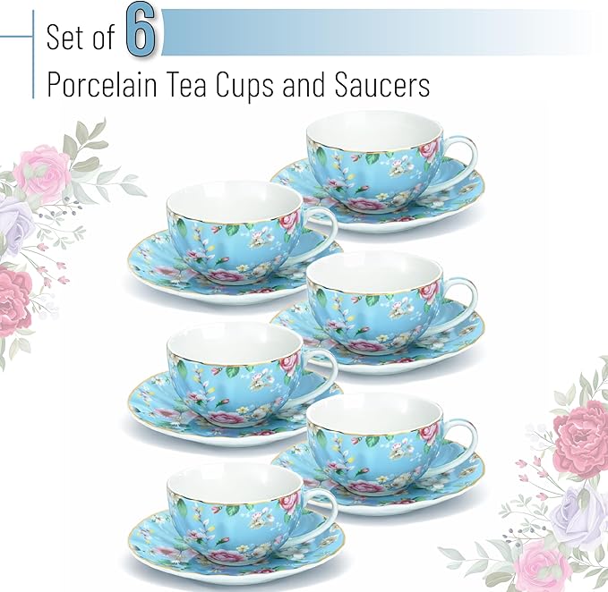 BTaT- Floral Tea Cups and Saucers, Set of 6, 7 oz, Fine Porcelain Teacup Set with Gold Trim for Afternoon Tea, Weddings, Parties & Gifting, Dishwasher Safe and Freezer Safe