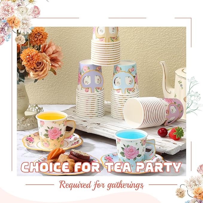 60 Sets Tea Party Decorations 6.5 oz Floral Paper Tea Cups with Handle and Plates Disposable Blossom Teacups and Saucers Sets for Girls Kids Birthday Garden Wedding Party Supplies(Gradient Color)