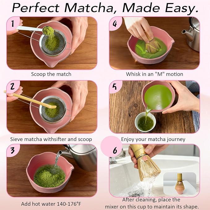 8Pcs Matcha Whisk Set, Matcha Set Includes Ceramic Matcha Bowl, Whisk and Holder, Bamboo Scoop, Scoop Rest, Sifter, Measuring Spoons and Tea Towel Tea Kit Gift Set for Women (Pink)