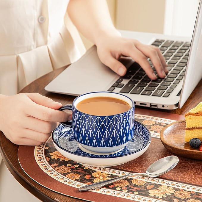 vancasso 8OZ Stackable Cappuccino Cups, Porcelain Espresso Cups with Saucers and Metal Stand Set of 4, Classic Printed Tea Cup Set for Coffee Drinks, Latte, Series SELENE (Vintage Blue, 8 Ounce)