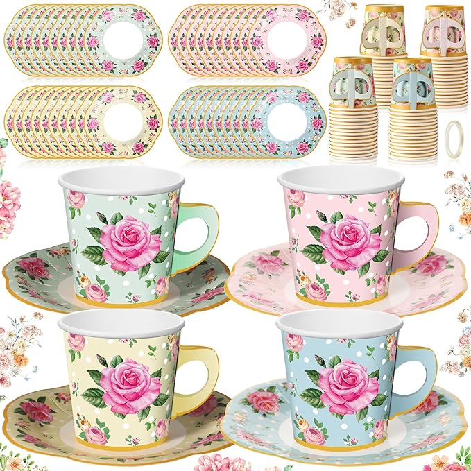 Umigy 60 Sets Tea Party Decorations 6.5 oz Floral Paper Tea Cups with Handle and Plates Disposable Blossom Teacups and Saucers Sets for Girls Kids Birthday Garden Wedding Party Supplies(Multicolor)