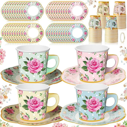 Umigy 60 Sets Tea Party Decorations 6.5 oz Floral Paper Tea Cups with Handle and Plates Disposable Blossom Teacups and Saucers Sets for Girls Kids Birthday Garden Wedding Party Supplies(Multicolor)