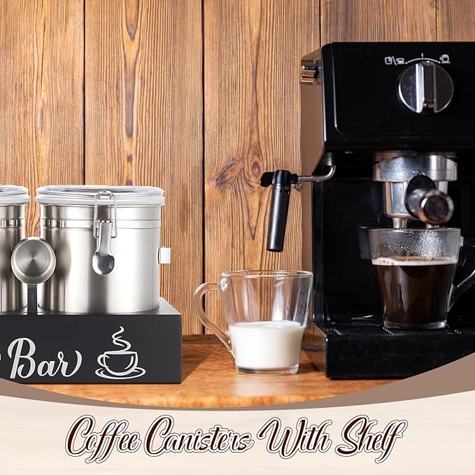 Maxcheck 2 Pcs 66 oz Coffee Sugar Canisters with Shelf & Scoop, Easter Gifts Airtight Stainless Steel Container with Lids, Home Kitchen Food Storage Jars for Grounds, Beans, Tea, Cereal(Silver)