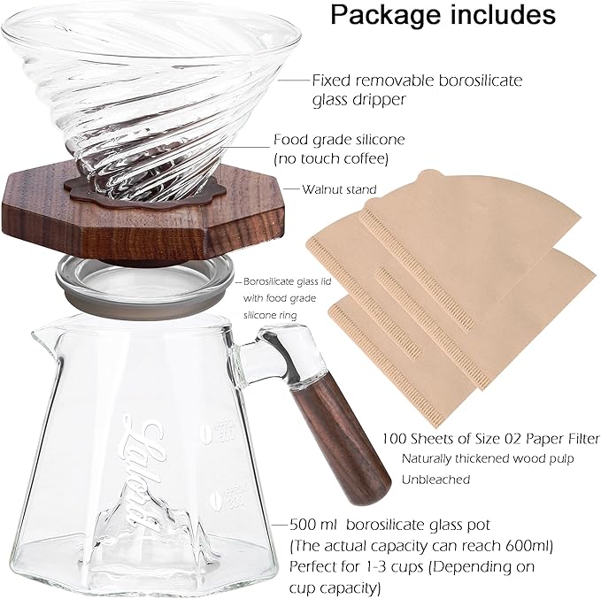 Pour Over Coffee Maker, 20 oz Borosilicate Glass Set with 100 pcs Paper Filter, Walnut Collar & Glass Lid, Drip Coffee Maker, 1-3 Cups, Clear (B-600 ml Set)