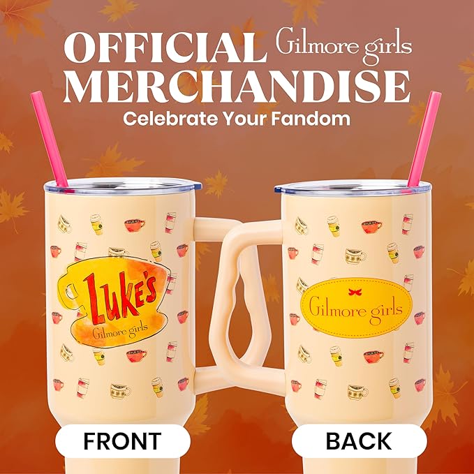 Silver Buffalo Gilmore Girls Luke's Diner Double Walled Stainless Steel Tumbler with Handle and Straw, Fits in Standard Cup Holder, 40 Ounces