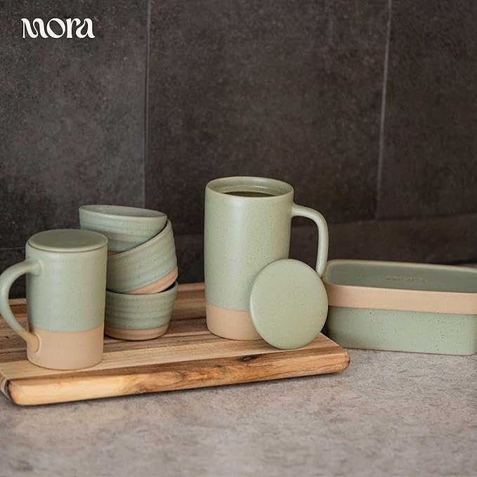 MORA Ceramics Tea Cup with Loose Leaf Infuser, Spoon and Lid, 12 oz, Microwave and Dishwasher Safe Coffee Mug - Rustic Matte Ceramic Glaze, Modern Herbal Tea Strainer - Great Gift for Women, Thyme