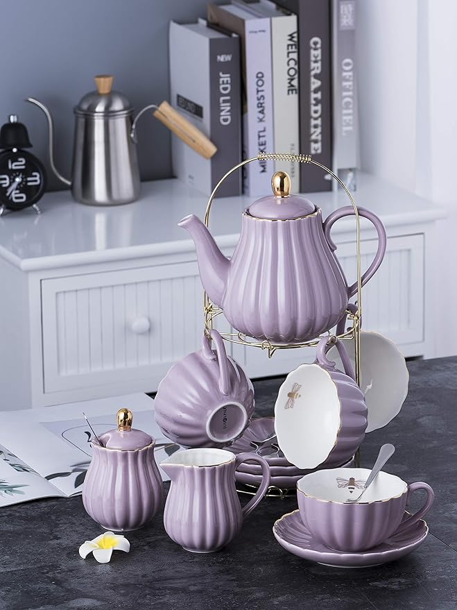 Jusalpha Fine China 8 OZ Purple Coffee Cup/Teacup, Saucer, Spoons, Teapot and Creamer Set, 17-Pieces (FD-TW17PC Set, Purple)