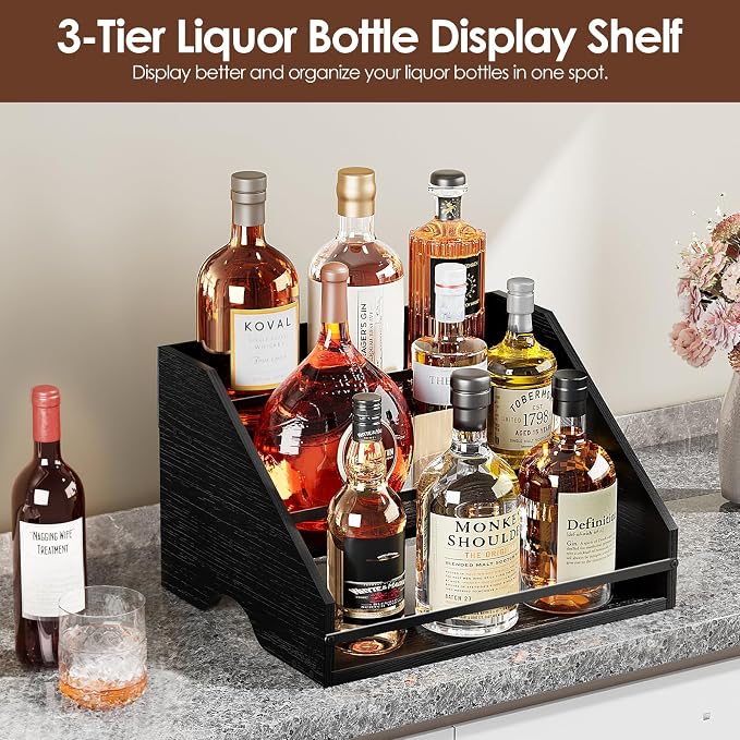 Nuovoware Liquor Bottle Display Shelf, 3 Step Countertop Liquor Wine Rack, Home Retro Shelf Stand for Mini Bar, Cabinet, Bar Essentials for Whiskey, Spirits, Coal Black - Image 2